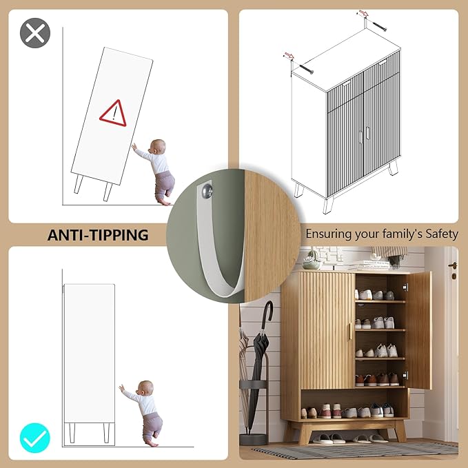 HUANLEGO Shoe Cabinet Storage for Entryway with Doors, Oak | 5 Tier Fluted Shoe Organizer with Adjustable Shelves, Shoe Storage with Wooden Legs, Freestanding Shoe Rack for Entryway