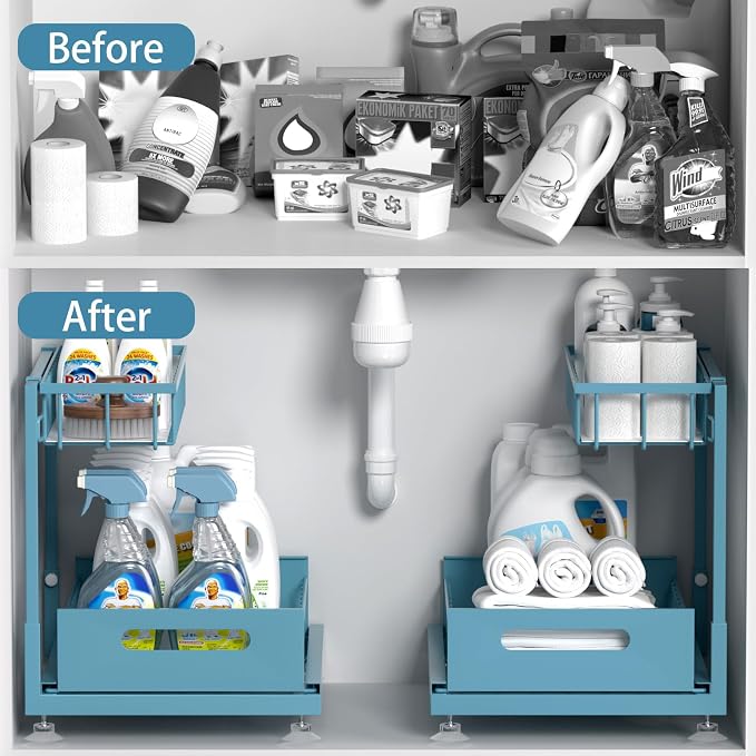 Saydear L-Shaped Under Sink Organizer, 2-Tier Pull-out Cabinet Rack 1-Pack | Teal Height-Adjustable Steel Rack, Sliding Grid Drawers with PP Liners, Holds 100 Lbs, Suction Base, Ideal Kitchen Storage