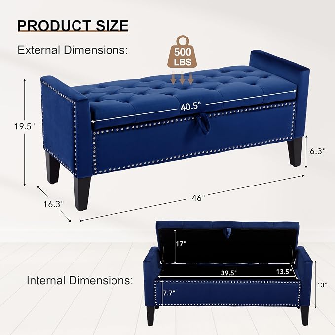 Velvet Storage Ottoman Bench, 46'' Upholstered Button Tufted End of Bed Bench, Modern Entryway Ottoman Bench with Arms, Blue