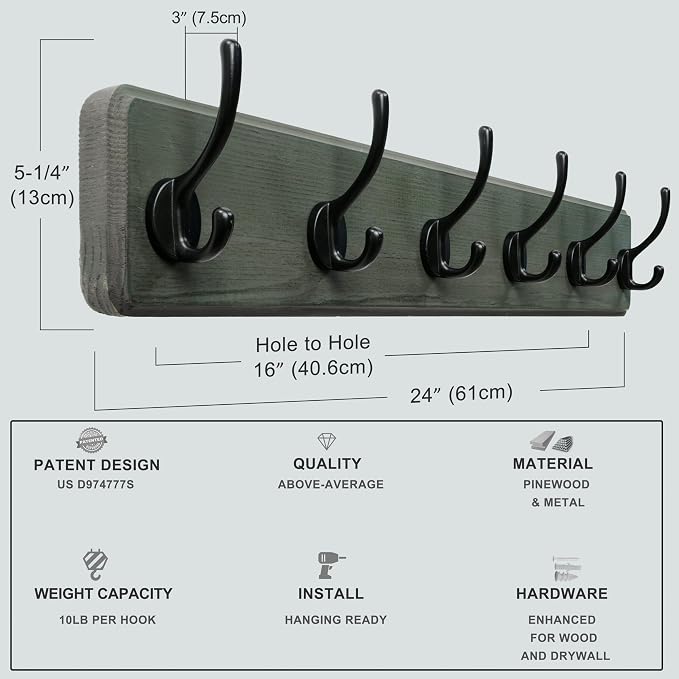 Coat Rack Wall: 24" Long, Patented, Heavy-Duty, 6-Double-Hooks Wooden Wall Mounted Coat Rack Coat Hanger Hook Rail for Winter Coats Hat Jacket Clothing, Weathered Green