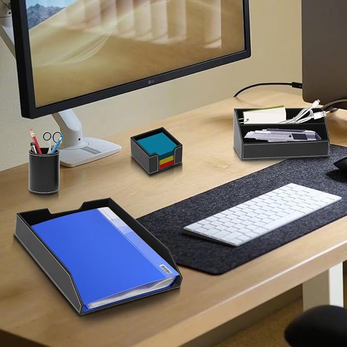 Office Supplies PU Leather 6-Piece Set Desk Organizer,Include Writing Pad,Letter Tray,file folder Sorter/Magazine Holder,Pen Cup,Note Holder,Business Card Holder,Man/Woman Office Gift,Black