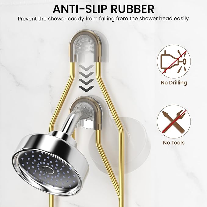 Shower Caddy Hanging Adjustable Shower Caddy, Rustproof Shower Organizer Extended Length Showers Caddy Over Shower Head with Hooks Soap Holder, Large Capacity Anti-Swing Bathroom Organizer, Gold | Shower Caddy Over Showerhead, Extra Long, No Drilling, ...