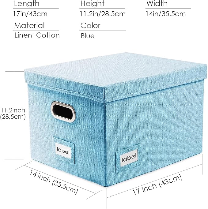 File Organizer Box - Set of 4 Collapsible Decorative Linen Filing Storage Hanging File Folders with Lids Office Cabinet Letter/Legal Size Blue 17.1x14x11.1 inch