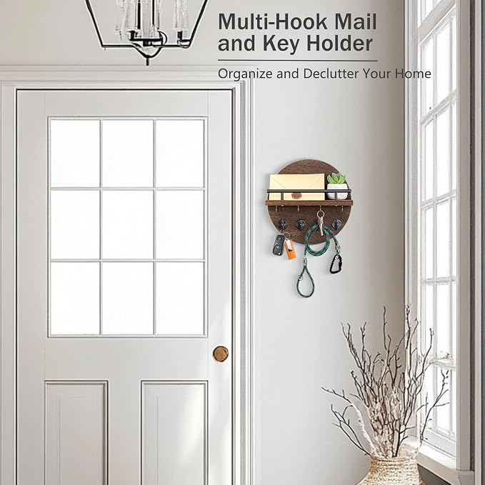 dreampossible Key Holder Wall Mount - 10.2 Inch Decorative Key Rack and Mail Organizer with 8 Key Hooks - Wooden Key Hanger with Shelf for Wall and Home Decor