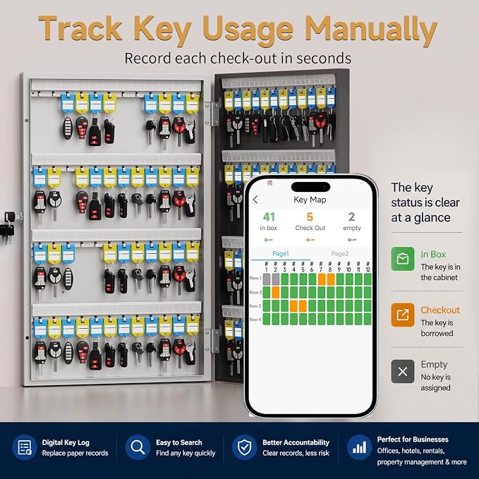 96 Key Lock Box Smart Key Organier Cabinet with Keypad & App for Office | Wall Mounted Lockbox use App, Custom & One Time Password, WiFi (Need W100 Bridge) Unlock for School, Office, Fleet, Hotel