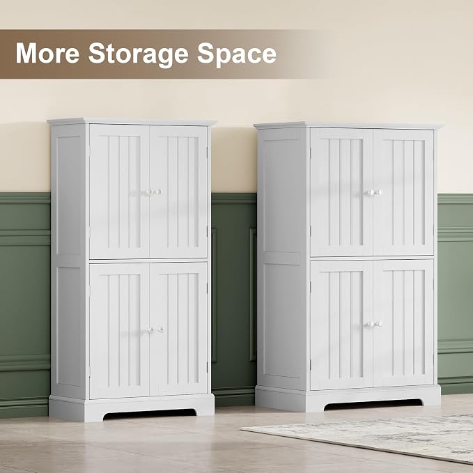 ChooChoo Bathroom Floor Cabinet with Adjustable Shelves | Bathroom Storage Cabinet, 4 Doors, Freestanding Cupboard for Living Room, Kitchen Pantry, White
