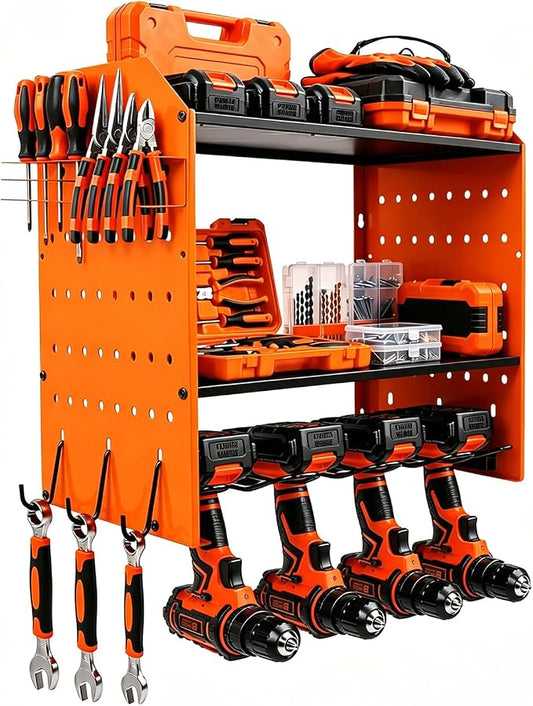Power Tool Organizer Wall Mount,Power Drill Tool Holder | 200lb Heavy Duty Tool Shelf,4 Tier Cordless Tool Organizerwith 4 Drill Holders & 3 Divider Panels,Orange