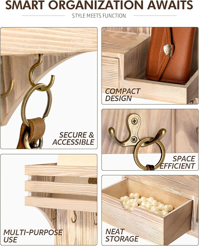 Rebee Vision Key Holder Wall Mount with Drawer for Entryway, Natural Wood | Key Holder for Wall, 9 Key Hooks, Wall Shelf, Drawer Organizer, Mail Sorter, Key Hanger Home Decor, Decorative Home Storage