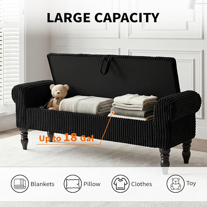 60" Corduroy Storage Bench, Queen End of Bed, Black | Corduroy Upholstered, Bedroom/Entryway/Closet, Storage Ottoman Bench, Window Seat, Lift-Top, Tufted Button, Solid Wood Legs.