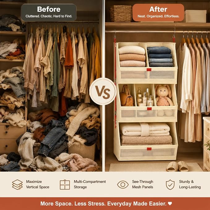 Hanging Closet Clothes Organizers and Storage Detachable 3 Tier Wider | Hanging Clothes Organizers for Bedroom,Dorm,RV,,Camper,See Through Front Panel,Space-Saving,Can Be Separated Individually