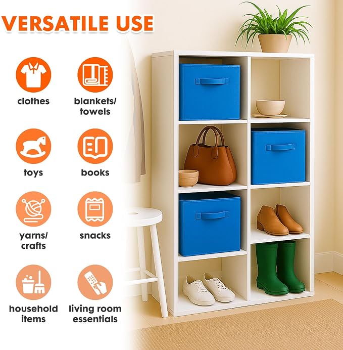 PowerKing Collapsible Storage Cubes, Farbic Storage Bins, Royal Blue, 6Pack | Sturdy, Lightweight, Easy Pull Handle, Closet & Shelf Organizer, Clothes and Toys Storage, 10.5'' x 11'' x 10.5''