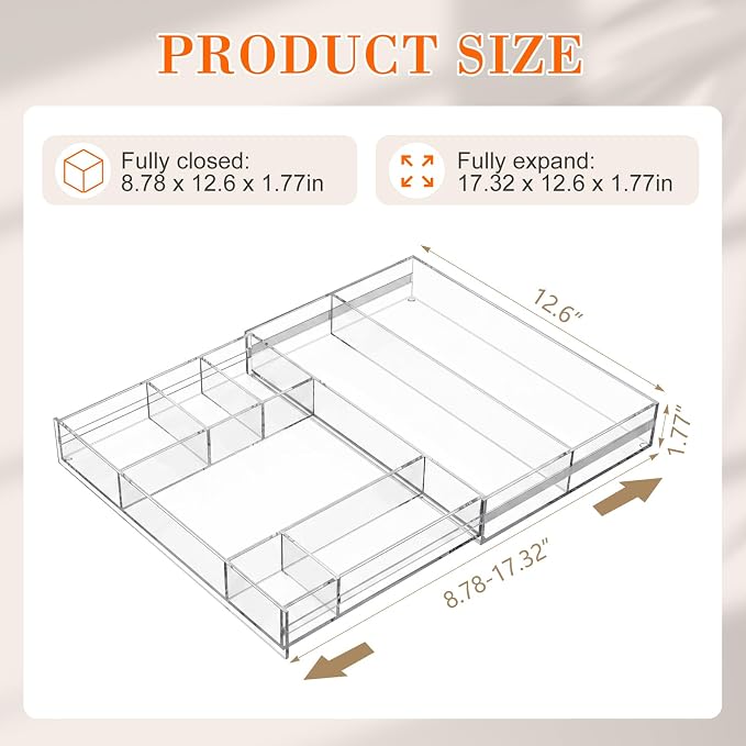 Briwooody Clear Acrylic Drawer Organizer Expandable,11 Compartments,Small | 9'' up to 18'' x 12'' x 2.1'' Desk Drawer Organizer Trays Adjustable with Desk Accessories for Makeup Office Bathroom