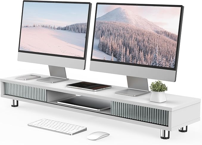 Fenge Dual Monitor Stand with Storage, Desk Shelf with Glass Sliding Door | Ergonomic Height Adjustment, 42.5in Monitor Shelf, 2-Tier Monitor Riser, Desk Organizer for Screen, PC, Laptop, White