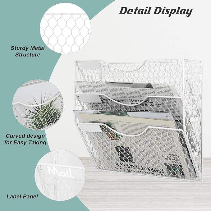 EASEPRES Mail Organizer Wall Mount Hanging File Holder Storage, Metal Chicken Wire Magazine Rack 3 Tier, White