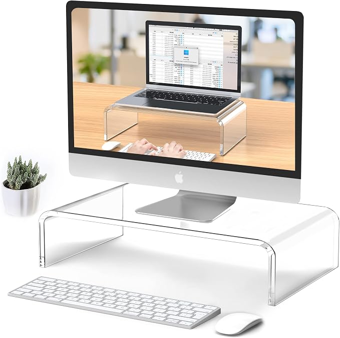 Acrylic Monitor Stand Riser Clear Laptop Stand Riser L15 xW7.5 xH4 | PC Holder, Compatible with All Notebooks and Monitor, Decoration for Office & Home,White Aesthetic Design, Office Supplies