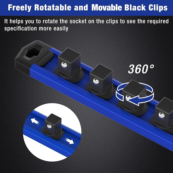 WORKPRO Magnetic Socket Organizer, Heavy Duty 1/4-Inch Drive Socket Rail | 1 Piece Socket Holder with 12 Spots, Aluminum Alloy, Rotatable & Movable Clips, Efficient Organization