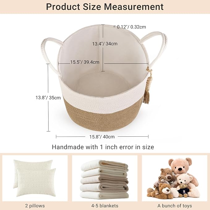 Mkono Woven Storage Basket for Blanket, Toys Plant Organizer, 16"W x 13.8"L | Cream White and Brown, Decorative Basket with Handle, Wood Beads Tassel, Shoes Towel Storage Bin, Living Room Bedroom Nursery