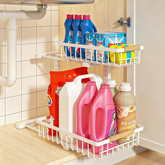 Under Sink Organizer, Height Adjustable Under Sink Organizers and Storage, 2 Tier Pull Out Drawer Cabinet Storage for Kitchen Bathroom, 1 Pack, White | cabinet organizer, 5 level adjustable, quiet sliding rails, dual suction and nano tape, no drill, ru...