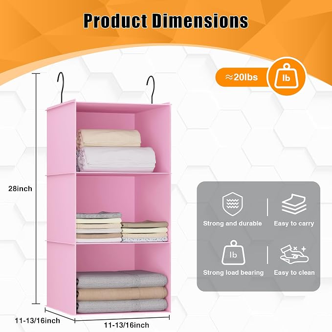 Hanging Closet Organizer 3-Shelf, Oxford Fabric Wardrobe Storage, Pink | Easy-mount foldable design holds clothes, handbags, shoes & accessories; washable Oxford fabric, sturdy and space-saving.