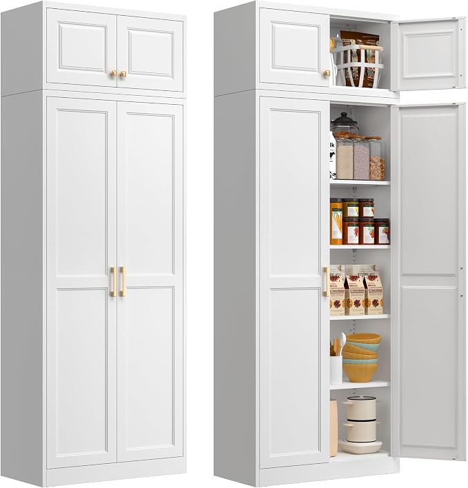 Polup 86" Tall Metal Kitchen Pantry Storage Cabinet with Doors and Shelves | Heavy-Duty White Cabinet, 4 Adjustable Shelving, Gold Handles, Magnetic Latch, for Dining Living Room, Bathroom & Garage