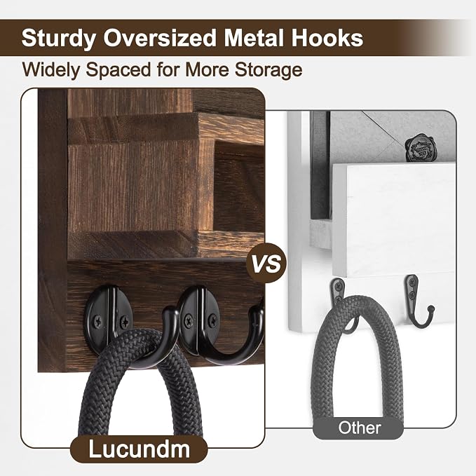 Key and Mail Holder Wall Mount, Key Hanger with Long Storage Box and 5 Hooks for Coat, Dog Leash, Home Decor Rack, House Accessories, Entry Way Organizer 11.8”W x 7.8”H x 3.2”D