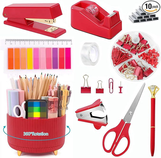 Office Supplies,Red Desk Accessories,Office Supplies Set,Desk Organizer,Stapler,Tape Dispenser,Scissors,Staple Remover,Binder Clips,Staples,Ballpoint Pen,Index Tabs with Ruler,Clear Tape.10pcs