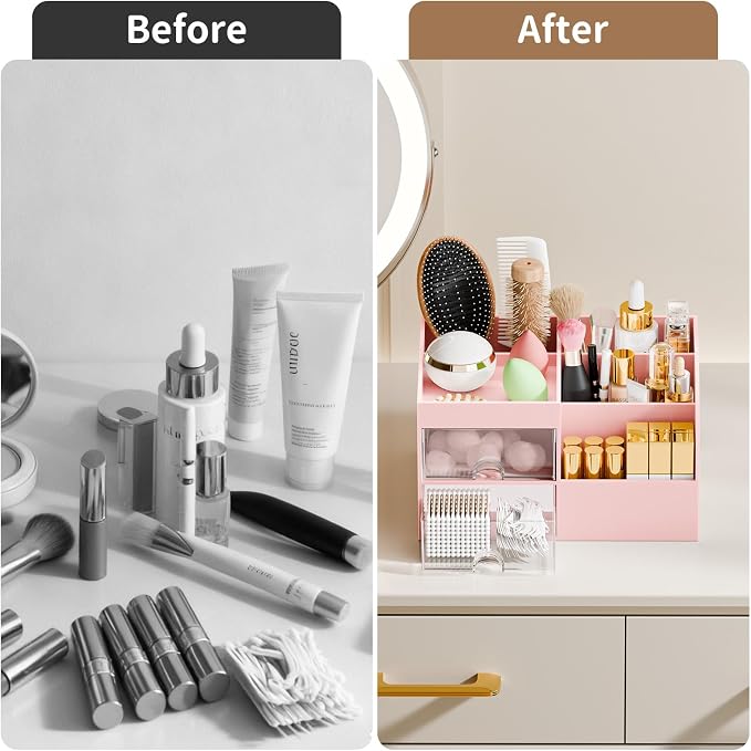Makeup Organizer with 2 Drawers, Makeup Organizers Countertop for Vanity and Bathroom, Make up organization and Skincare Storage with Brush Holder, for Dresser, Desktop, Cosmetic Display Case (Pink)
