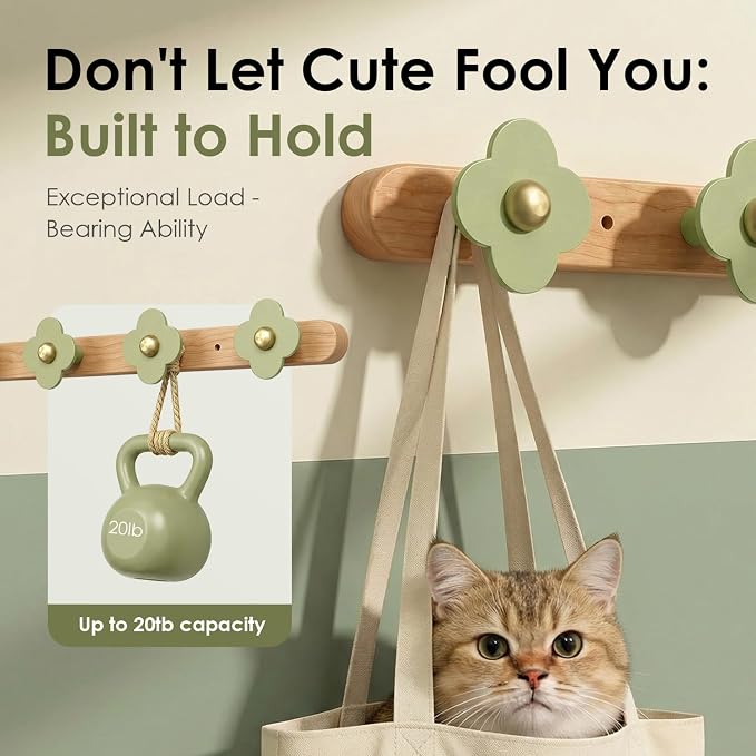 Tindbea Upgreded Heavy Duty Coat Rack Wall Mount for Entryway, Kids' Room | Cheery Wood, Green, 5 Hooks
