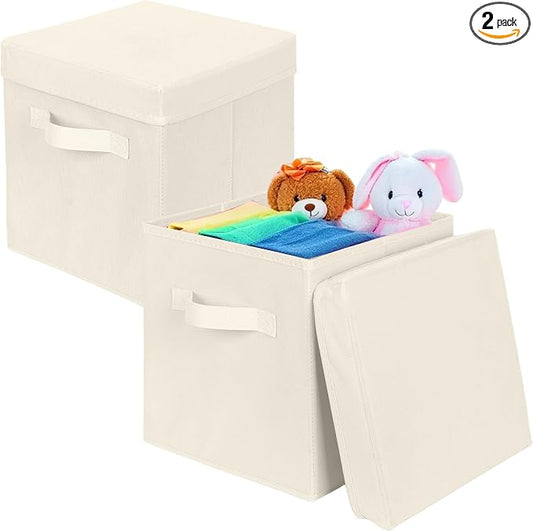 ShellKingdom Storage Bins, Foldable Fabric Storage Cube with Lid for Closet | Clothes Storage Organizer Drawer For Closet Toys Storage, 10.5 X 10.5 X 11 INCH, 2 Pack (Beige)