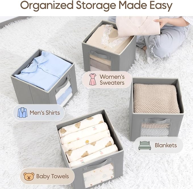 Storage Cube 11 Inch - Cube Storage Bins with Window, Closet Storage Baskets with Handle, Fabric Bins for Closet, Shelves, Toys, Clothes, Set of 6, Grey