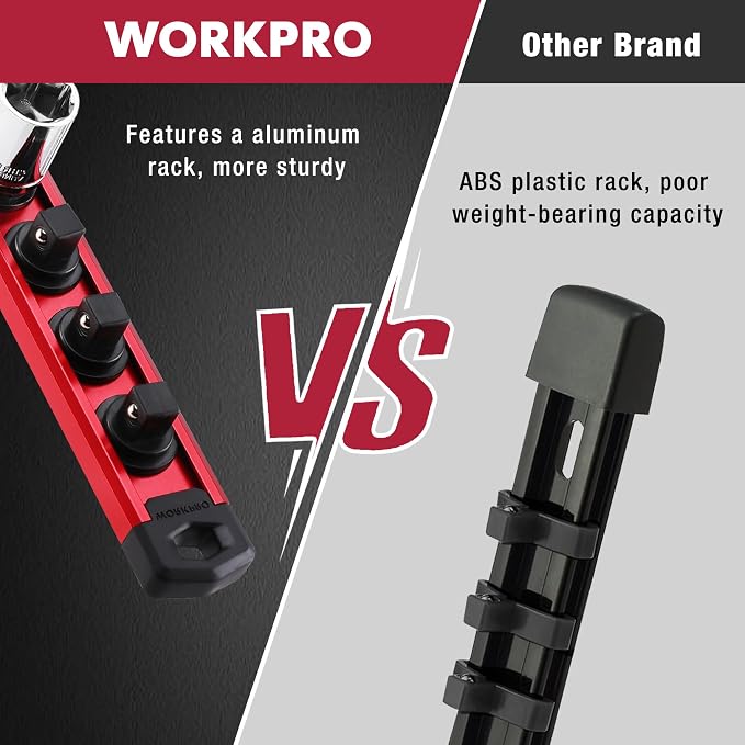 WORKPRO Magnetic Socket Organizer, Heavy Duty 1/2-Inch Drive Socket Rail | 1 Piece Socket Holder with 10 Spots, Aluminum Alloy, Rotatable & Movable Clips, Efficient Organization