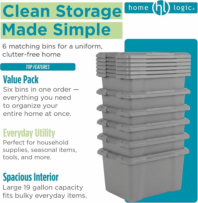 Home Logic 19 Gallon Latched Storage Tote with Lid, Plastic Bins with Lids, Moving Boxes for Garage Organization, Closet Organizer & Home Organization, 6 Pack, Gray