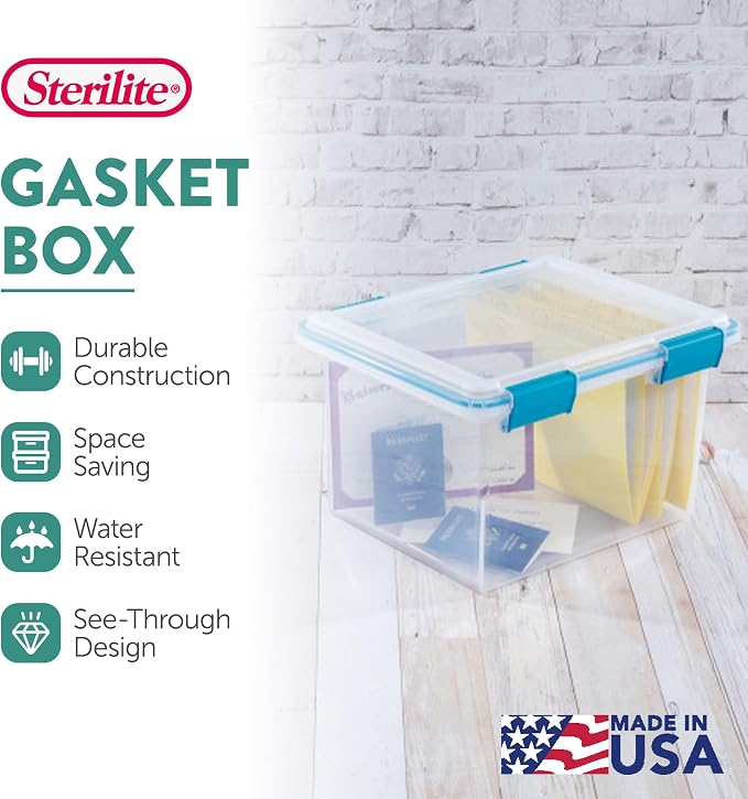 Sterilite 32 Qt Gasket Box, Stackable Storage Bin with Latching Lid and Tight Seal, Plastic Container to Organize Basement, Clear Base and Lid, 4-Pack | Heavy-Duty, Stackable, and Organizing Containers for Bathroom, Cabinet, Closet, and Garage, Clear a...