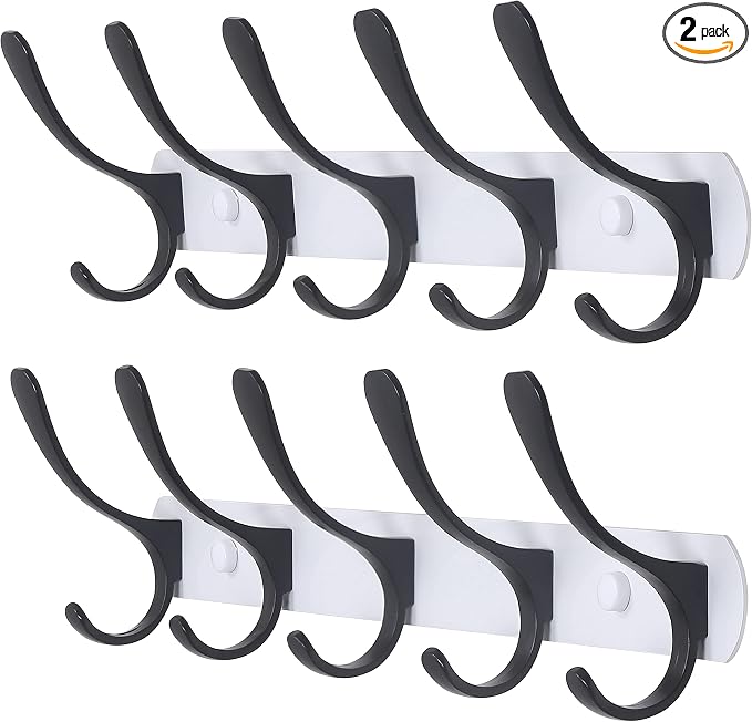 SKOLOO Modern Metal Wall Coat Rack with 5 Hooks, Pack of 2, Sturdy Wall Hook Rack Rail for Hanging Coat, Jacket, Clothes, Hat, Black on White