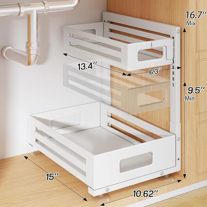 2 Pack Under Sink Organizer,Pull Out Cabinet Organizer With Smooth Cylindrical Rail,Metal Slide Out Drawer for Kitchen Bathroom Laundry Cabinet,8-Level Tool Free Height Adjustable-White