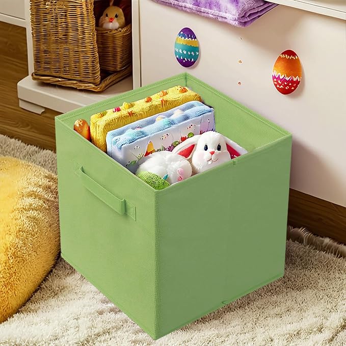 PowerKing Collapsible Storage Cubes, Farbic Storage Bins, Green, 2 Pack | Sturdy, Lightweight, Easy Pull Handle, Closet & Shelf Organizer, Clothes and Toys Storage, 10.5'' x 11'' x 10.5''