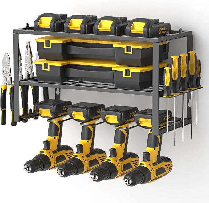 SPACECARE Power Tool Organizer- 1 Pack 3 Layers Rack for 4 Drill Holders | Heavy Duty Tool Shelf Durable Wall Mount Tool Storage Rack for Work Shop, Garage Organization, 150Lbs Load Capacity, Black