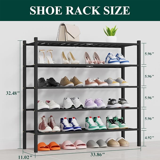 Smiry Bamboo Shoe Rack, 14 Vertical Slats, 5 Tier - 33.7" Wide, Black | Stackable Free Standing Wooden Shoe Organizer, Wood Shoe Storage Shelf for Closet, Entryway, Thicher Leg