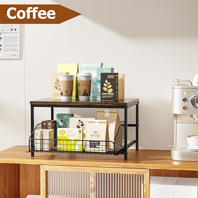 KLM Pull Out Spice Rack Organizer for Cabinet,Rustic Wood Top with Wire Basket Storage,Kitchen Countertop Organizer and Storage for Pantry, Counter top,Coffee Station Wood. (Brown)