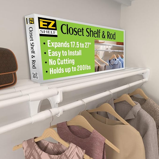 Hanging Shelf - Closet Rod - Expands 17.5-27” - White, Closet Shelves - Strong, Holds 200 lbs - DIY, Easy Install - to 2 Side Walls - Alternative to Wire Shelving