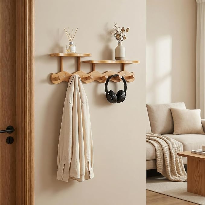 Wave-Shaped Bamboo Coat Rack Wall Mount with Shelf - Modern 6-Hook Rack | Modern Sculptural Wave Decor, Organic Wood Wall Organizer with Storage Shelf, Eco-Friendly Coat Rack for Hanging Bags, Keys