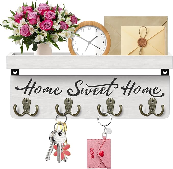 buways Key Holder Wall Mount with 8 Rustic Hooks and Cozy Home Sign(White) | Solid Wood,lots of colors, Floating Shelf for Keys, Mail, and Daily Essentials in Entryways, Hallways or Home Decor