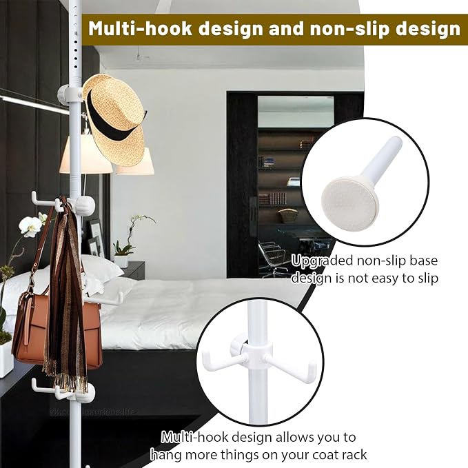 Coat Rack Freestanding,Adjustable 56-125 inch Tension Rod Tree 12 Hooks Hanger Stand for Coat Hat Bedroom Livingroom Kitchen Bathroom Apartment Entryway Hall Office white