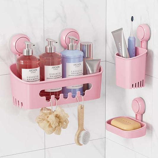 LEVERLOC Shower Caddy Suction Cup Set Shower Organizer & Soap Holder, Pink | Toothbrush Holder, Bathroom Shelf Basket NO-Drilling, Removable Suction Storage, Waterproof Bathroom Caddy