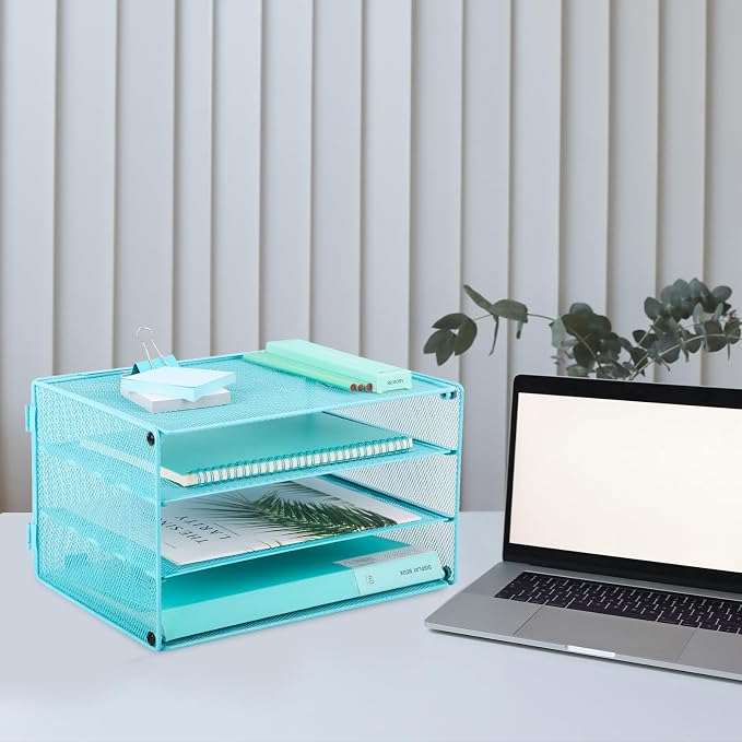 Paper Organizer Tray, 3 Tier Mesh Desk File Organizer Letter Sorter Holder for Home Office, Blue