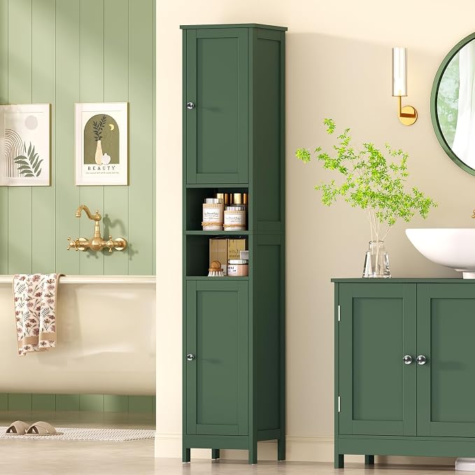 67" Tall Bathroom Cabinet with Adjustable Shelves and Doors, Narrow Bathroom Storage Cabinet for Small Space, Living Room, Entryway, Kitchen, Green