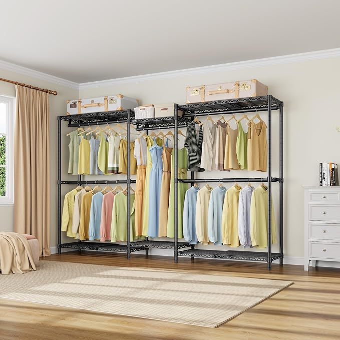 VIPEK X3 Basic Expandable Closet System, Heavy Duty Freestanding Open Wardrobe with Long Hanging Area, 5 Hanging Rods & 6 Adjustable Shelves, Fits 5.10 to 8.8 FT, Black
