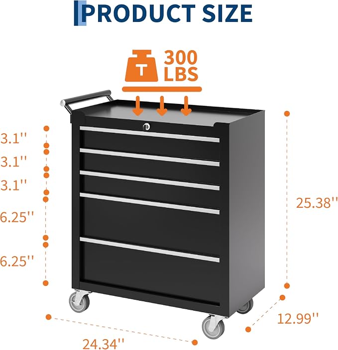 Garvee Rolling Tool Chest, 5 Drawers Tool Storage Cabinet, Toolbox with Wheels, Portable Tool Cabinet Organizer with Locking System & Drawer Liners, Tool Storage Cart for Garage, Workshop, Black