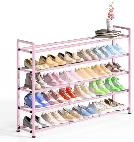 Bumusty 5 Tier Long Expandable Shoe Rack for Closet, Pink | 18"-44" Adjustable Shoe Rack for Entryway, Shoe Organizer for Dorm, Front Door, Sturdy Metal
