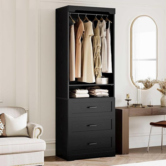IRONCK Freestanding Closet System with Adjustable Shelves & 3 Drawers | Closet Organizer with Hanging Rod, Ideal for Bedrooms, Apartments and Small Closet Storage